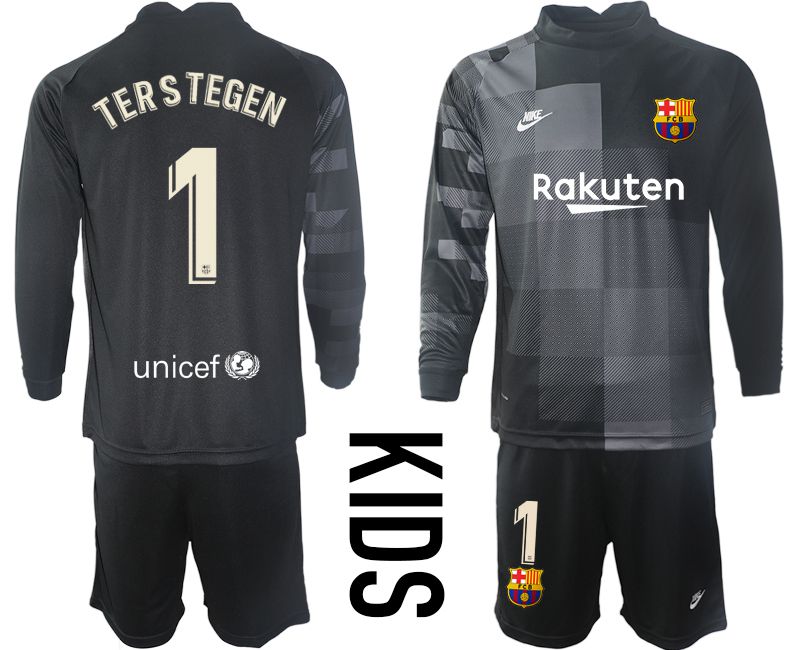 Youth 2021-2022 Club Barcelona black goalkeeper long sleeve #1 Soccer Jersey